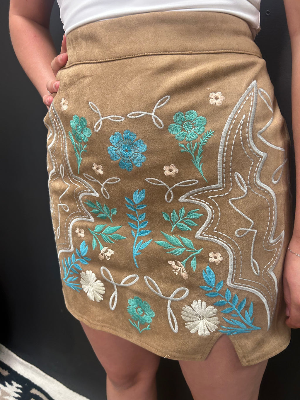 Camel Suede Aztec Floral Embroidered Front Slit Skirt*