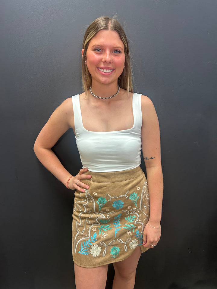 Camel Suede Aztec Floral Embroidered Front Slit Skirt*