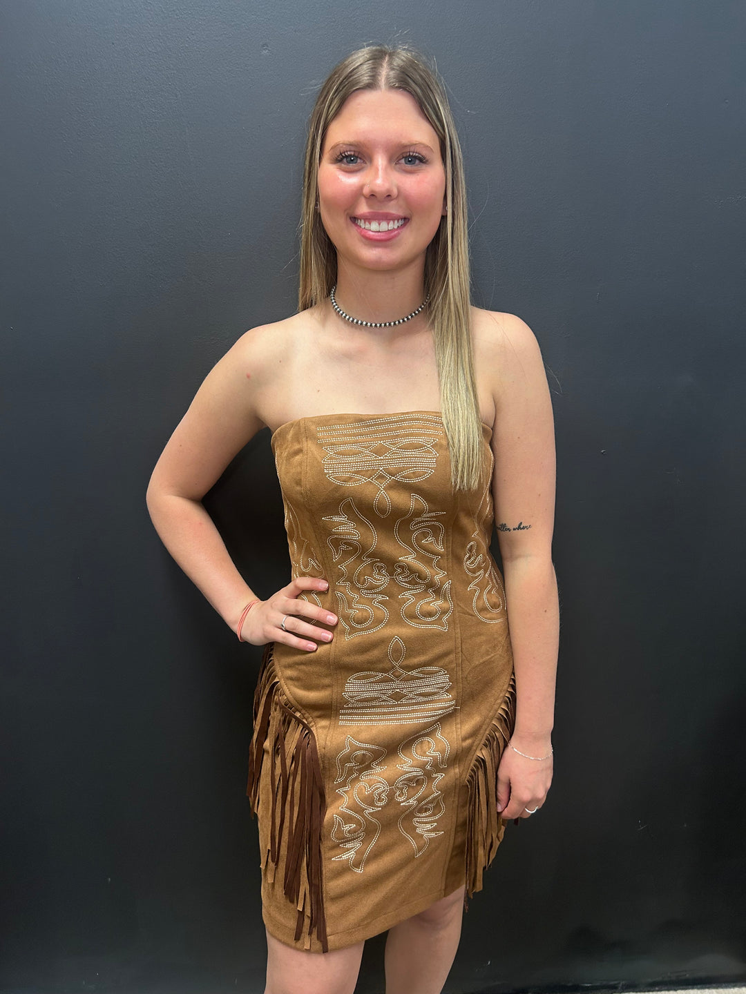 Camel Suede Boot Stitch Embroidered Fringe Dress I Gussied Up Online Boutique Small Camel Suede Boot Stitch Embroidered Fringe Dress I Gussied Up Online Boutique Small