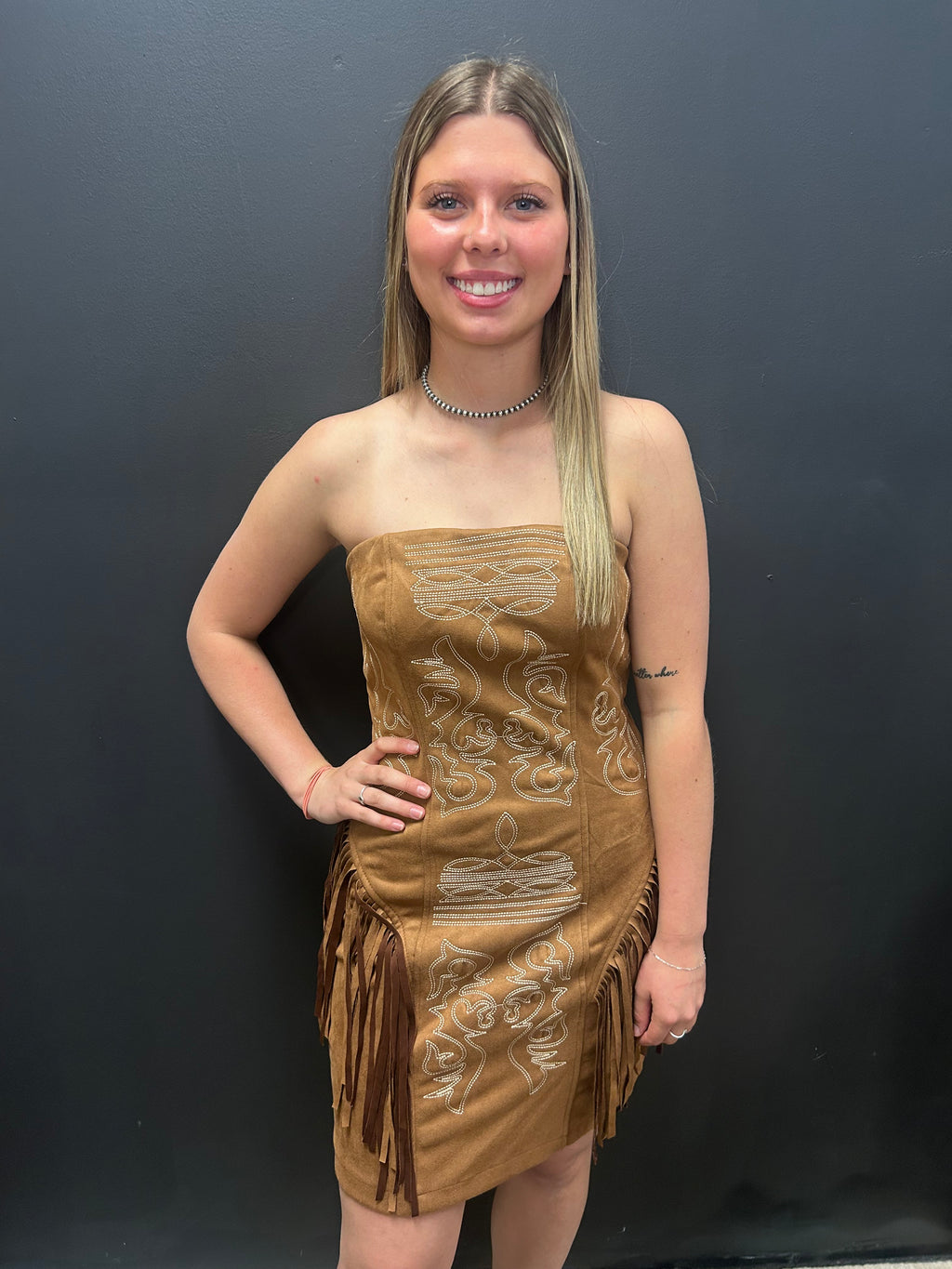 Camel Suede Boot Stitch Embroidered Fringe Dress*