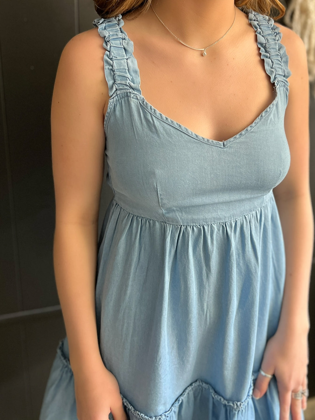 Chambray Denim Ruffle Mini Dress*