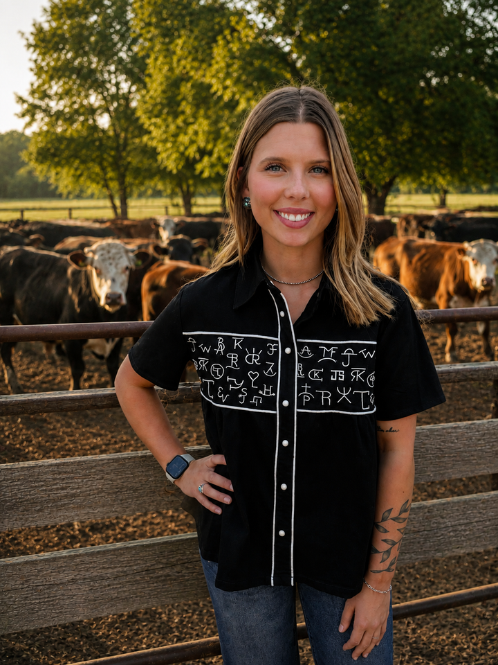 Black Cattle Brand Embroidered Snap Button Western Top