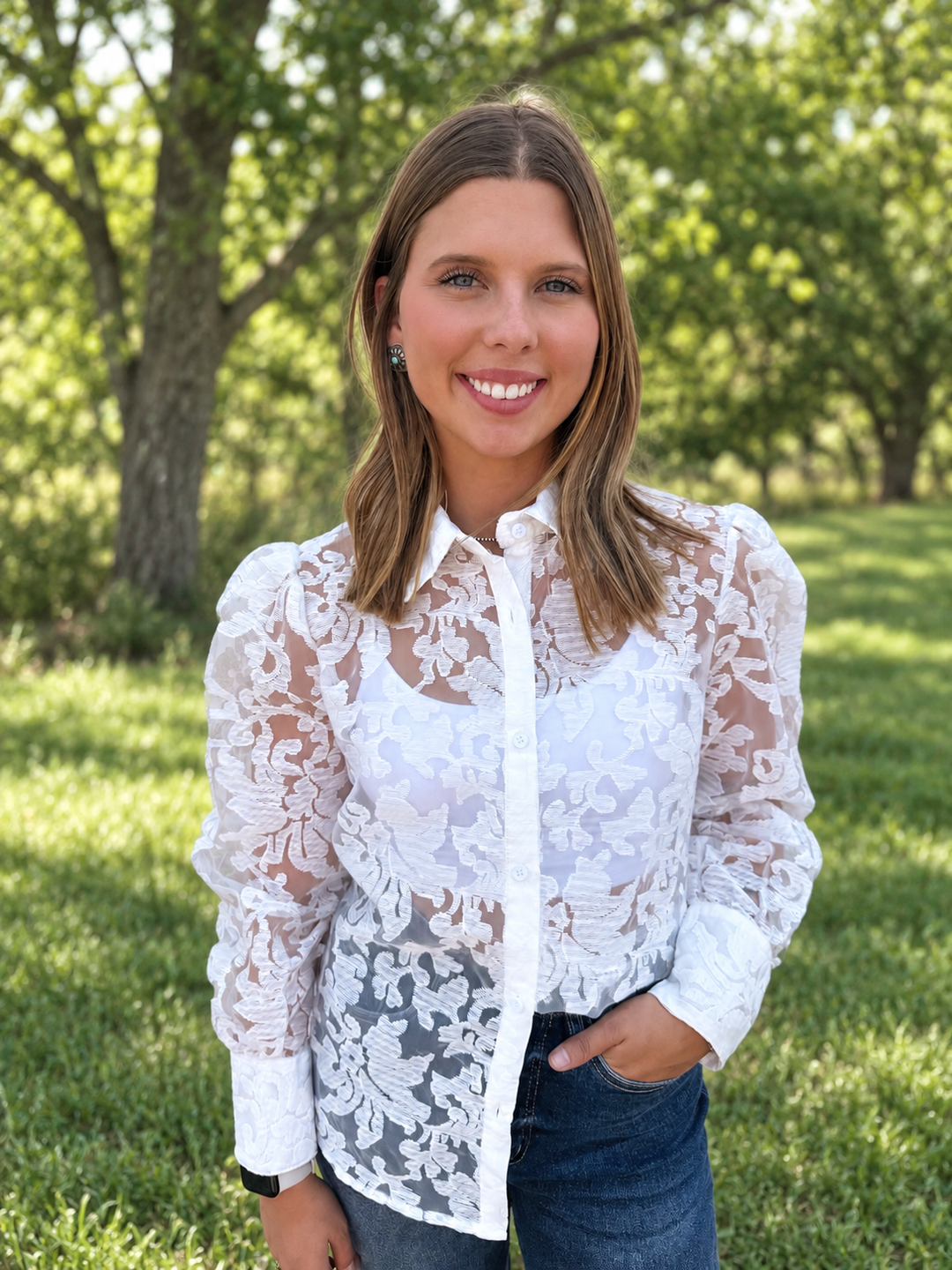 White Lace Floral Button Up Long Sleeve Blouse