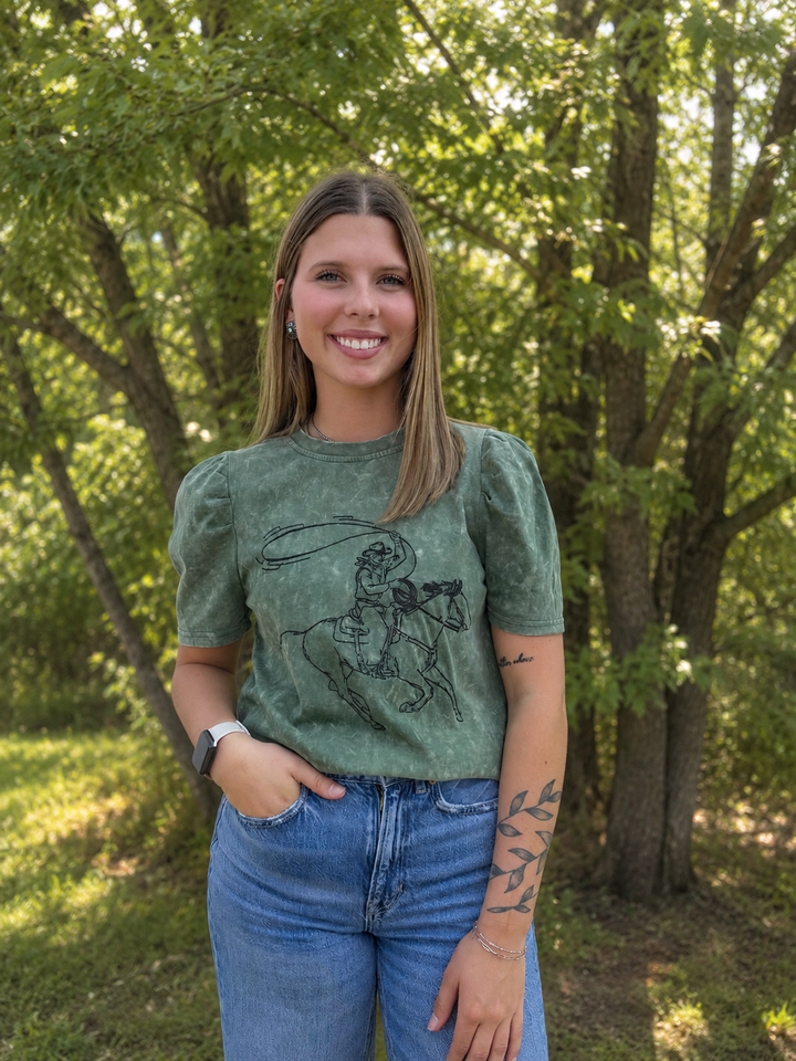 Green Olive Mineral Wash Cowboy Embroidered Puff Top