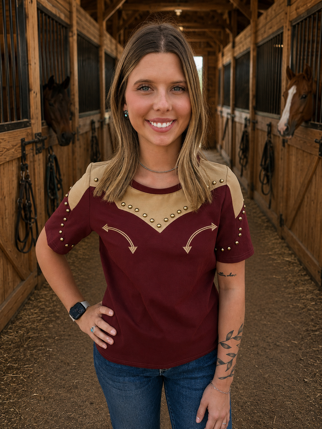 Burgundy Western Yoke Studded Contrast Top