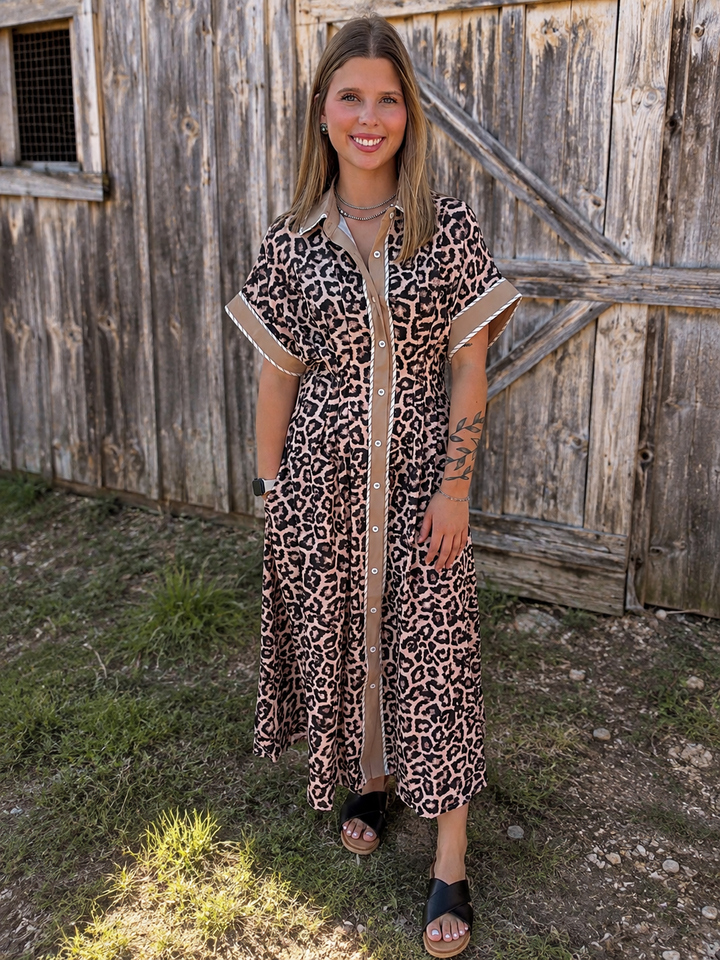 Leopard Button Up Midi Dress w/ Collar