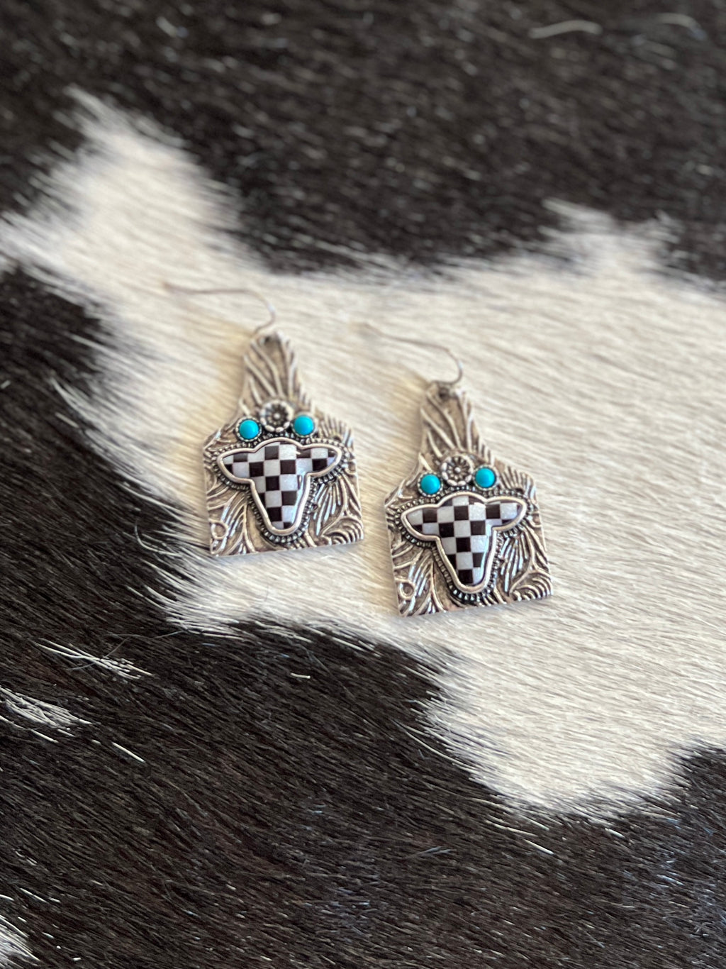 Checkered Cow Tooled Tag Earrings