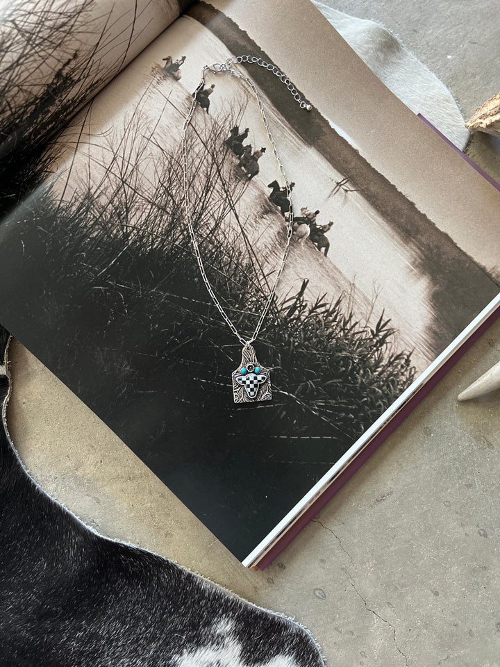 Checkered Cow Tooled Tag Necklace