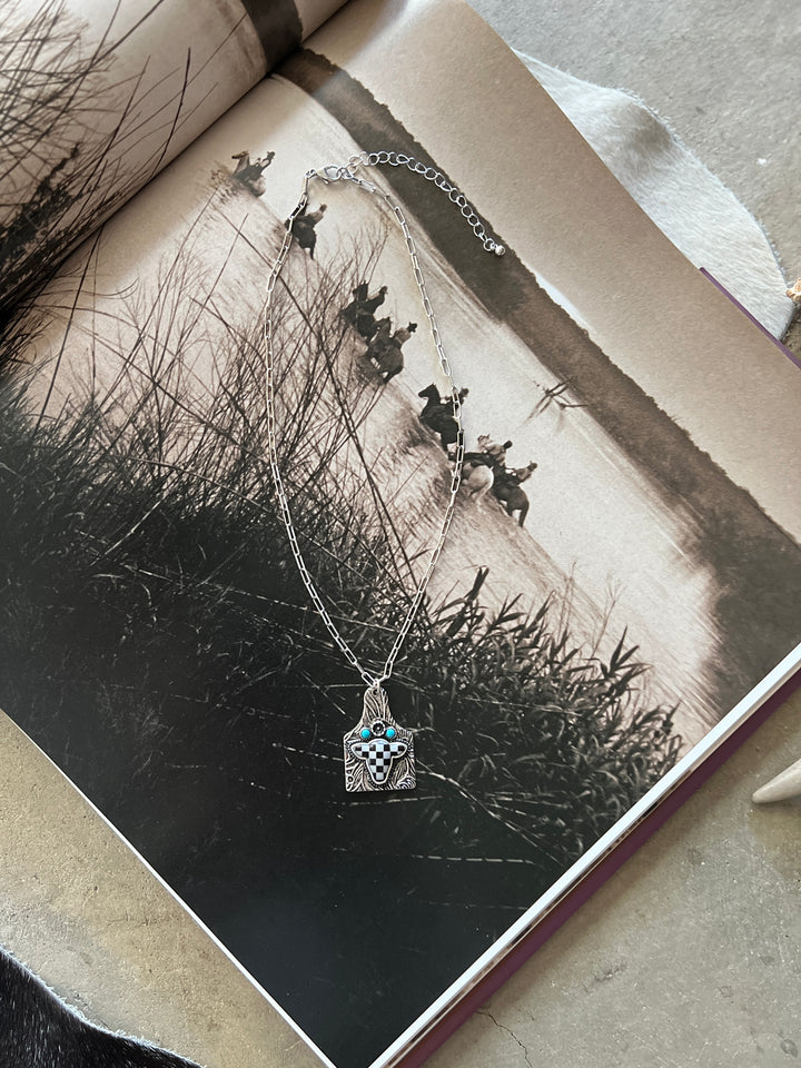 Checkered Cow Tooled Tag Necklace