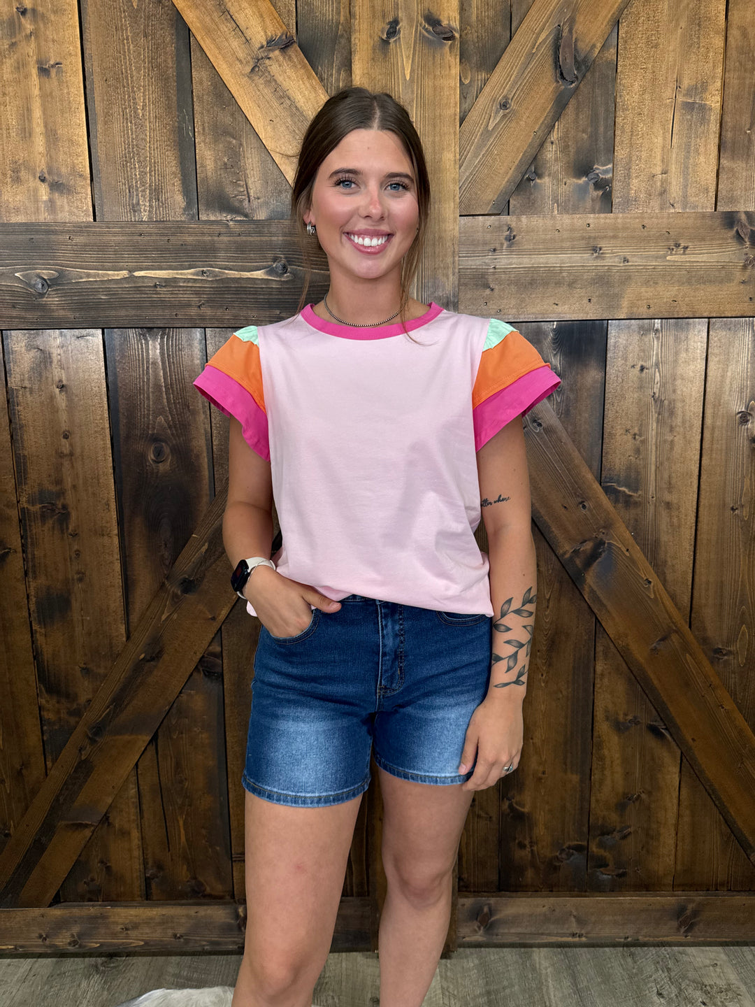Colorblock Flutter Sleeve Round Neck T-Shirt