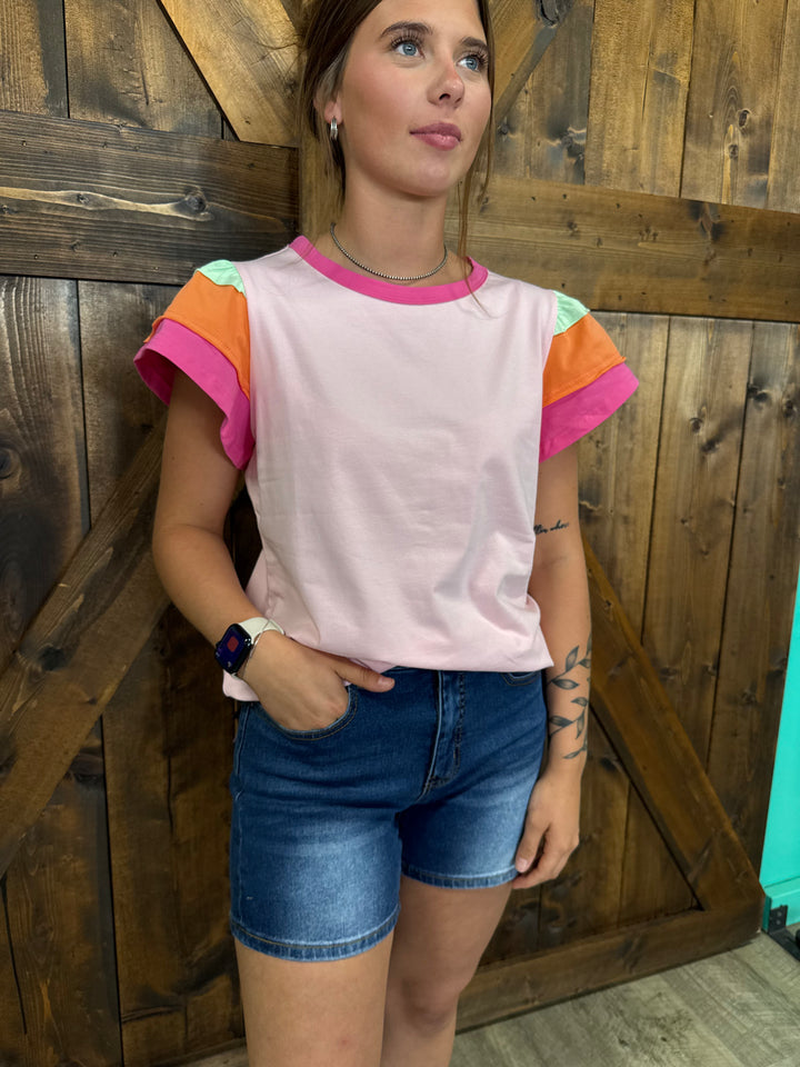 Colorblock Flutter Sleeve Round Neck T-Shirt