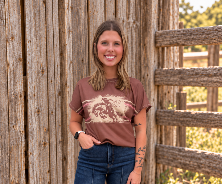 Brown Bucking Horse Sunset Short Sleeve Top