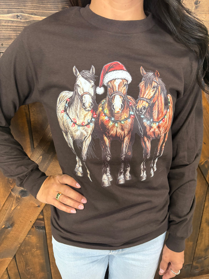Christmas Horse Graphic Long Sleeve Tee - 2 Colors*