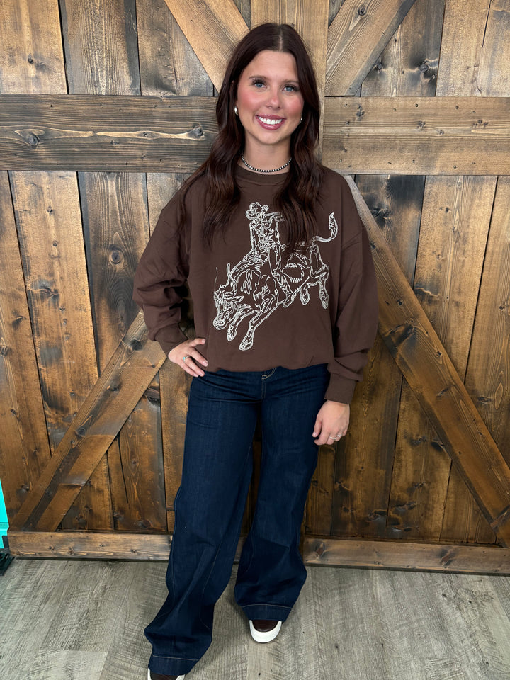 Dark Brown Embroidered Bull Riding Western Motif Sweatshirt