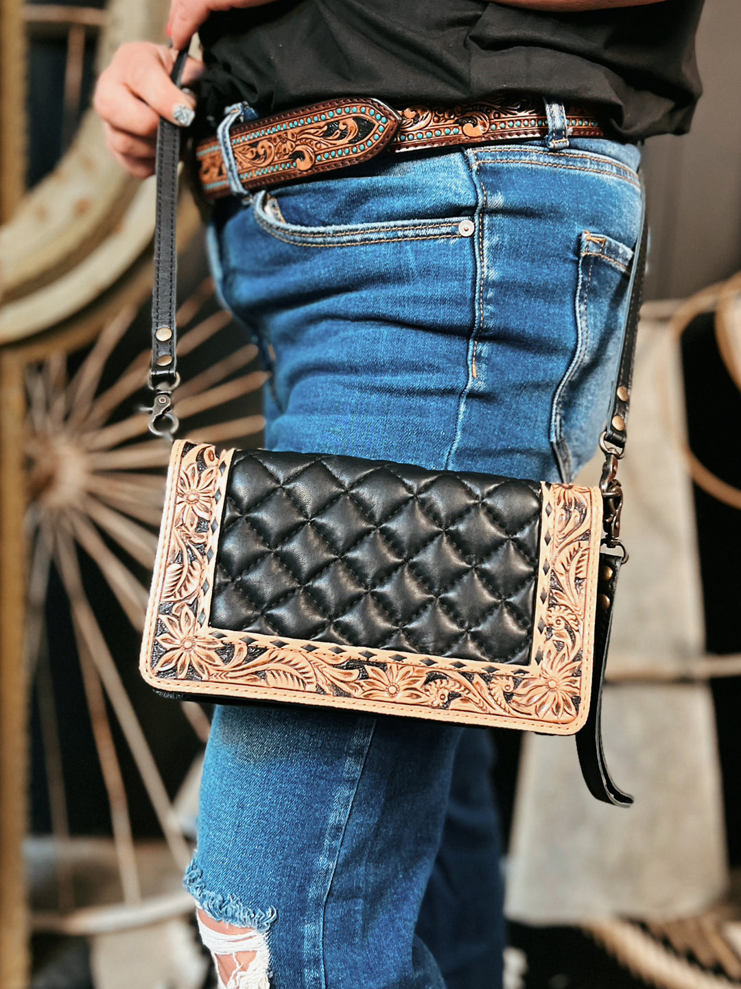 Darling Quilted Black Leather Crossbody Bag With Tooled Leather Border | gussieduponline