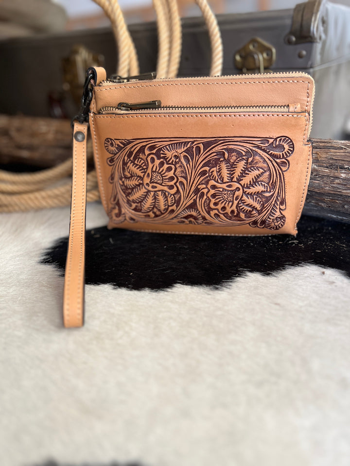 Darling Small Hand Tooled Leather Wristlet Pouch Bag | gussieduponline