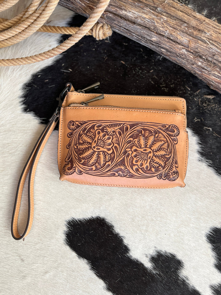 Darling Small Hand Tooled Leather Wristlet Pouch Bag | gussieduponline