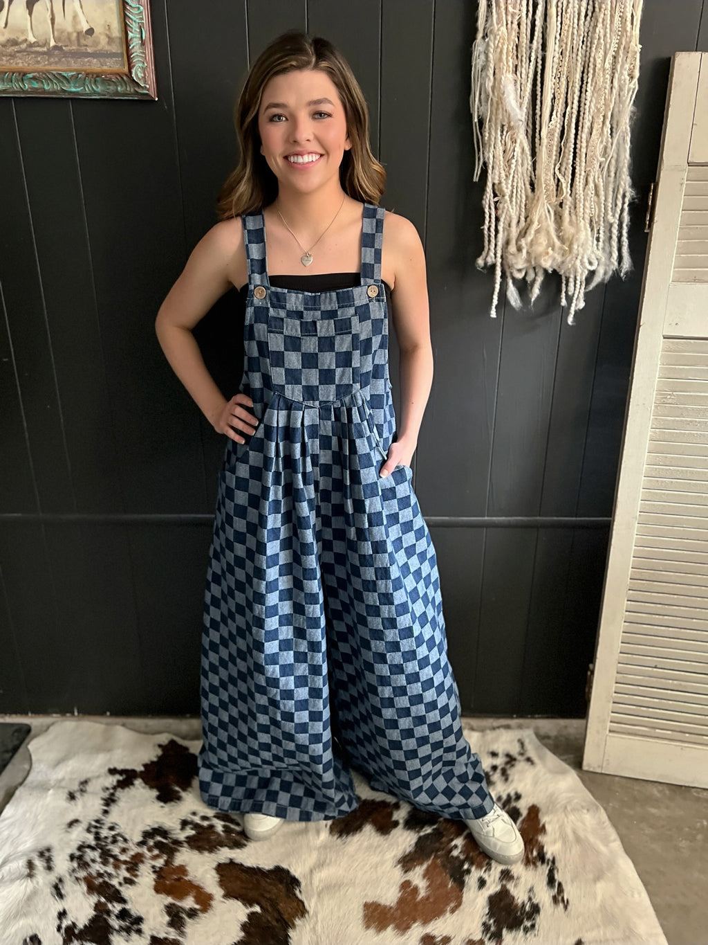 Denim Checkered Wide Leg Overalls*
