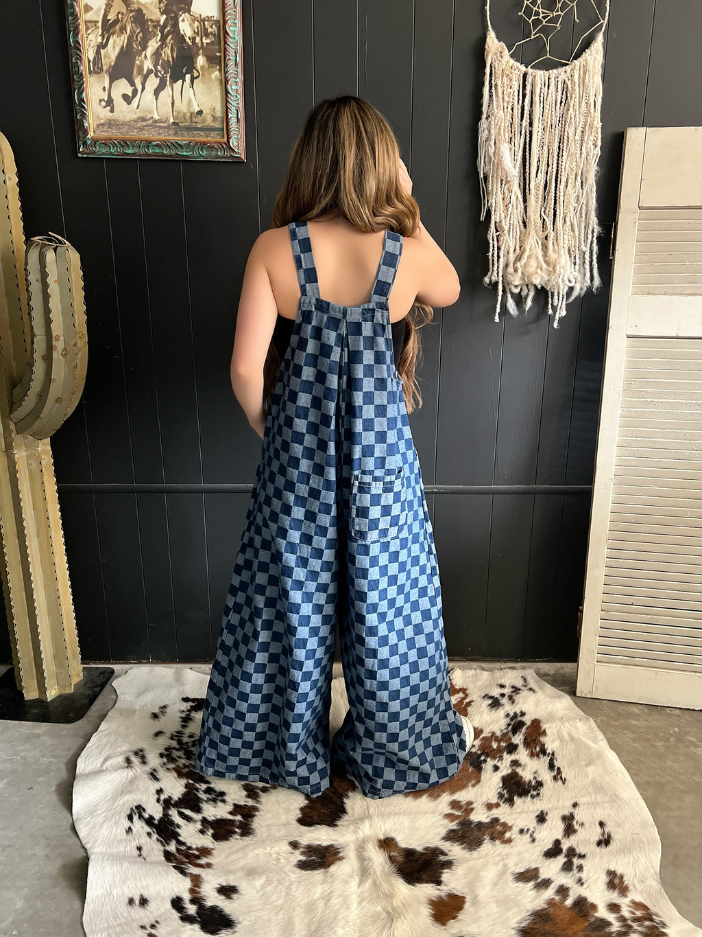 Denim Checkered Wide Leg Overalls*
