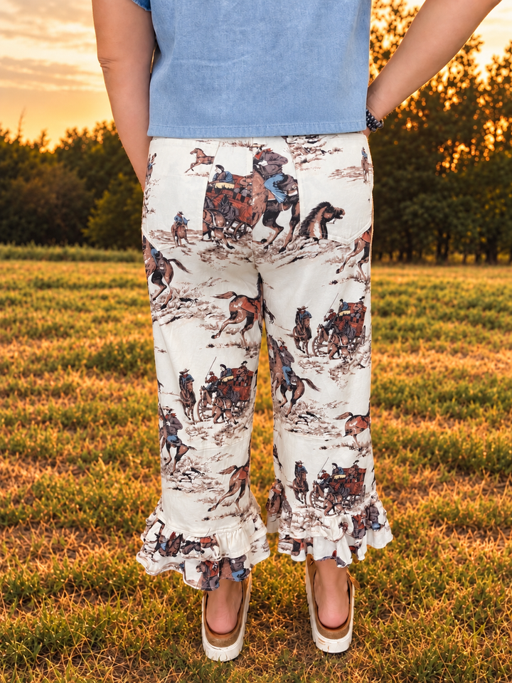 Vintage Equestrian Ruffle Washed Wide Leg Pants