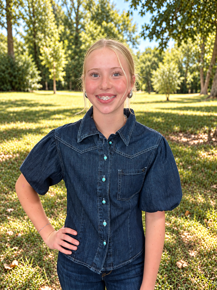 Turquoise Snap Button Dark Wash Western Yoke Denim Top