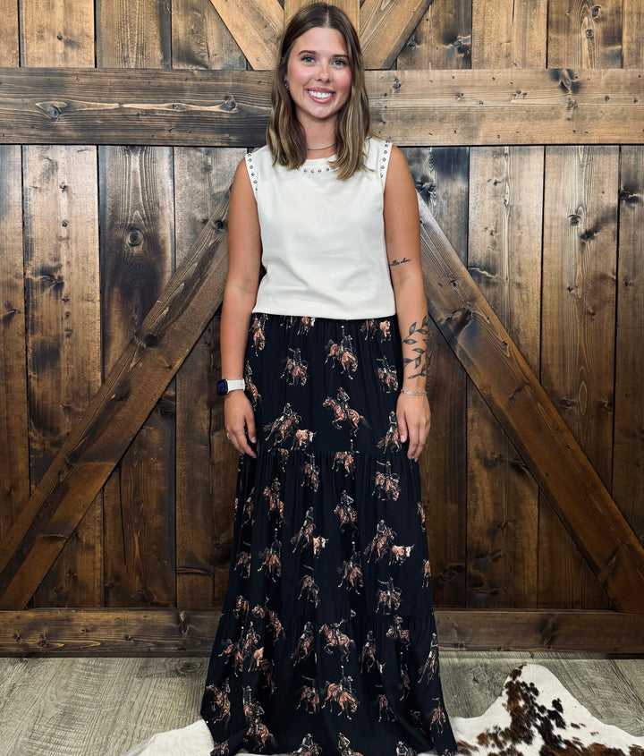 L&B Black Western Kicking Horse Ruffle Tier Skirt