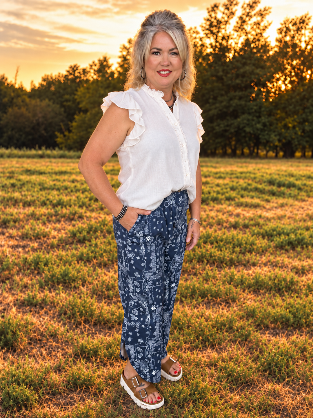 Vintage Tulip Washed Navy Paisley Wide Leg Pants