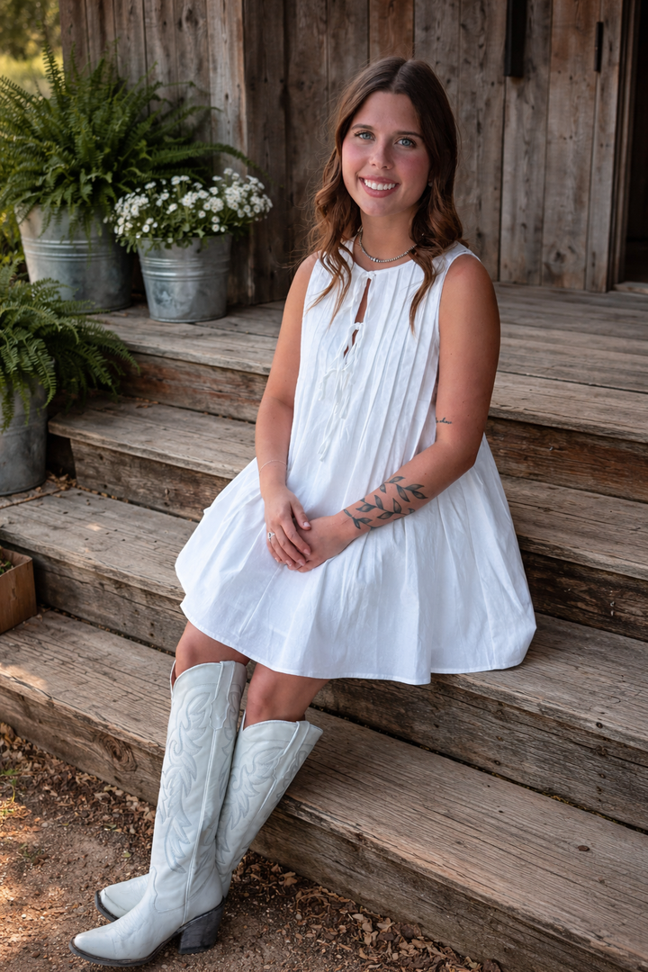 White Pleated Front Tie Mini Dress I Gussied Up Online Boutique – gussied up online