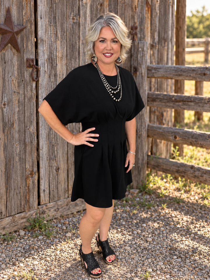 Black Solid Pleated Mini Dress