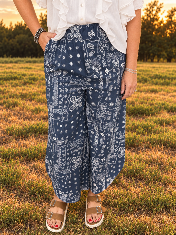Vintage Tulip Washed Navy Paisley Wide Leg Pants