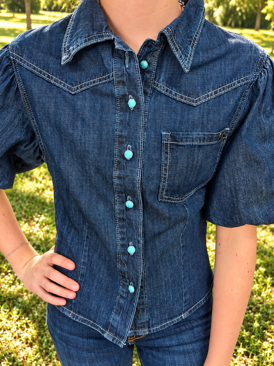 Turquoise Snap Button Dark Wash Western Yoke Denim Top