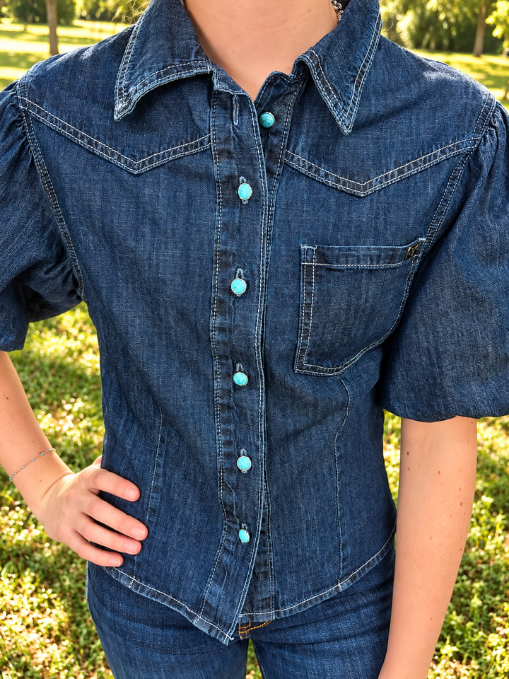 Turquoise Snap Button Dark Wash Western Yoke Denim Top