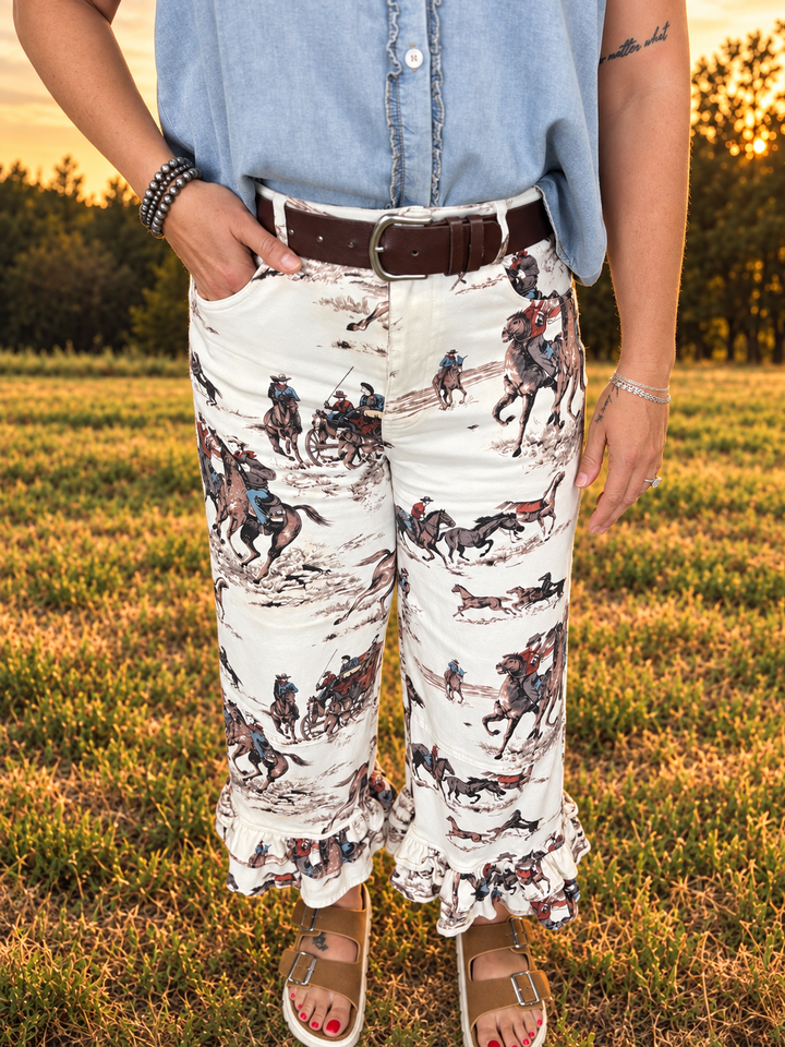 Vintage Equestrian Ruffle Washed Wide Leg Pants