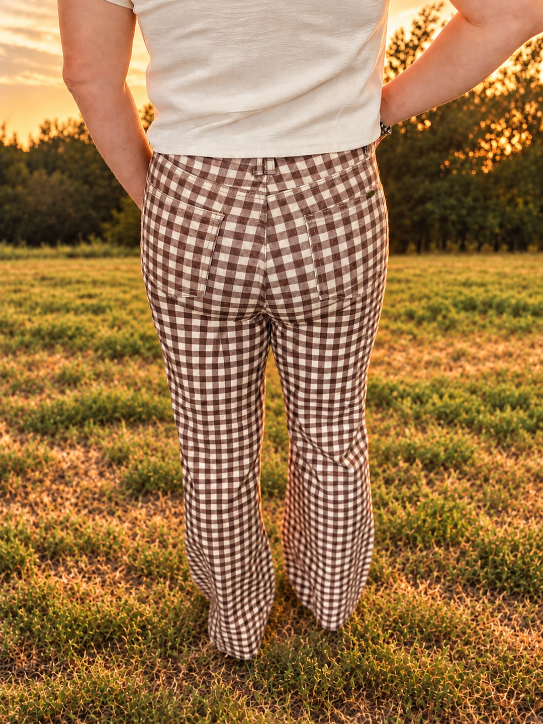 Brown Plaid Western Arrow Pocket High Rise Wide Leg Jeans