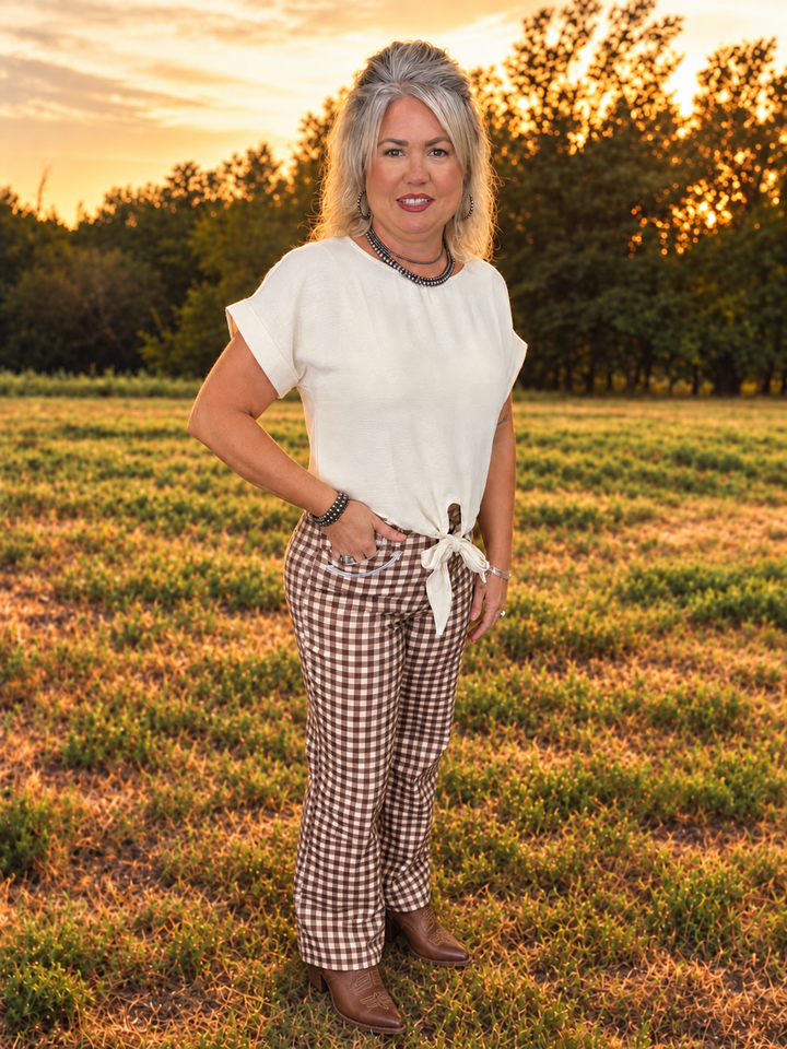 Brown Plaid Western Arrow Pocket High Rise Wide Leg Jeans