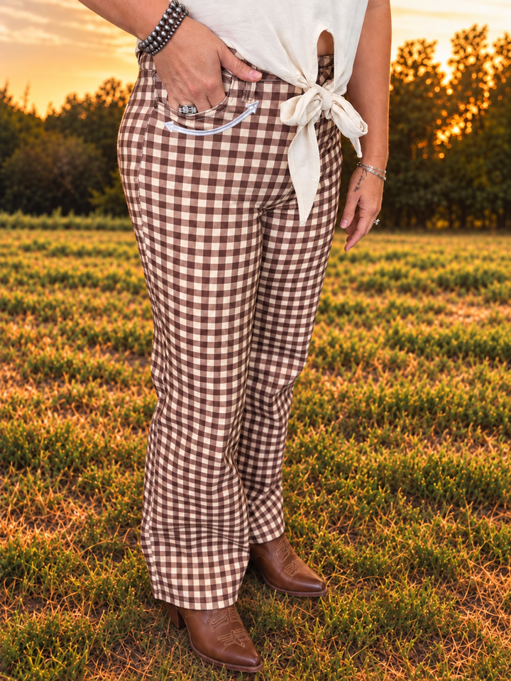 Brown Plaid Western Arrow Pocket High Rise Wide Leg Jeans