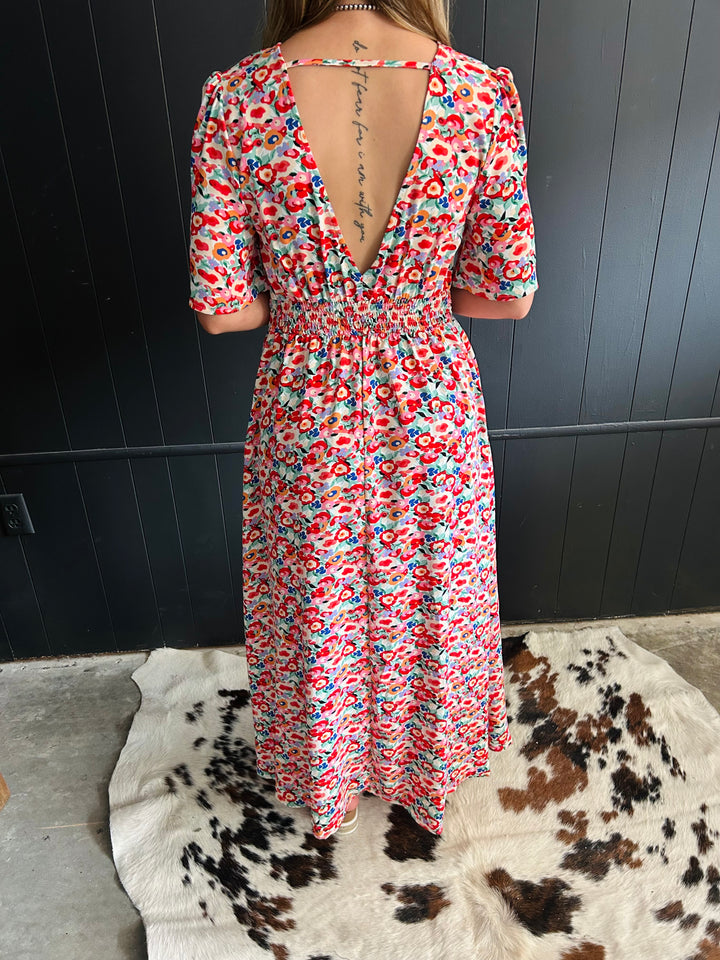 Floral Deep V- Neck Maxi Dress*