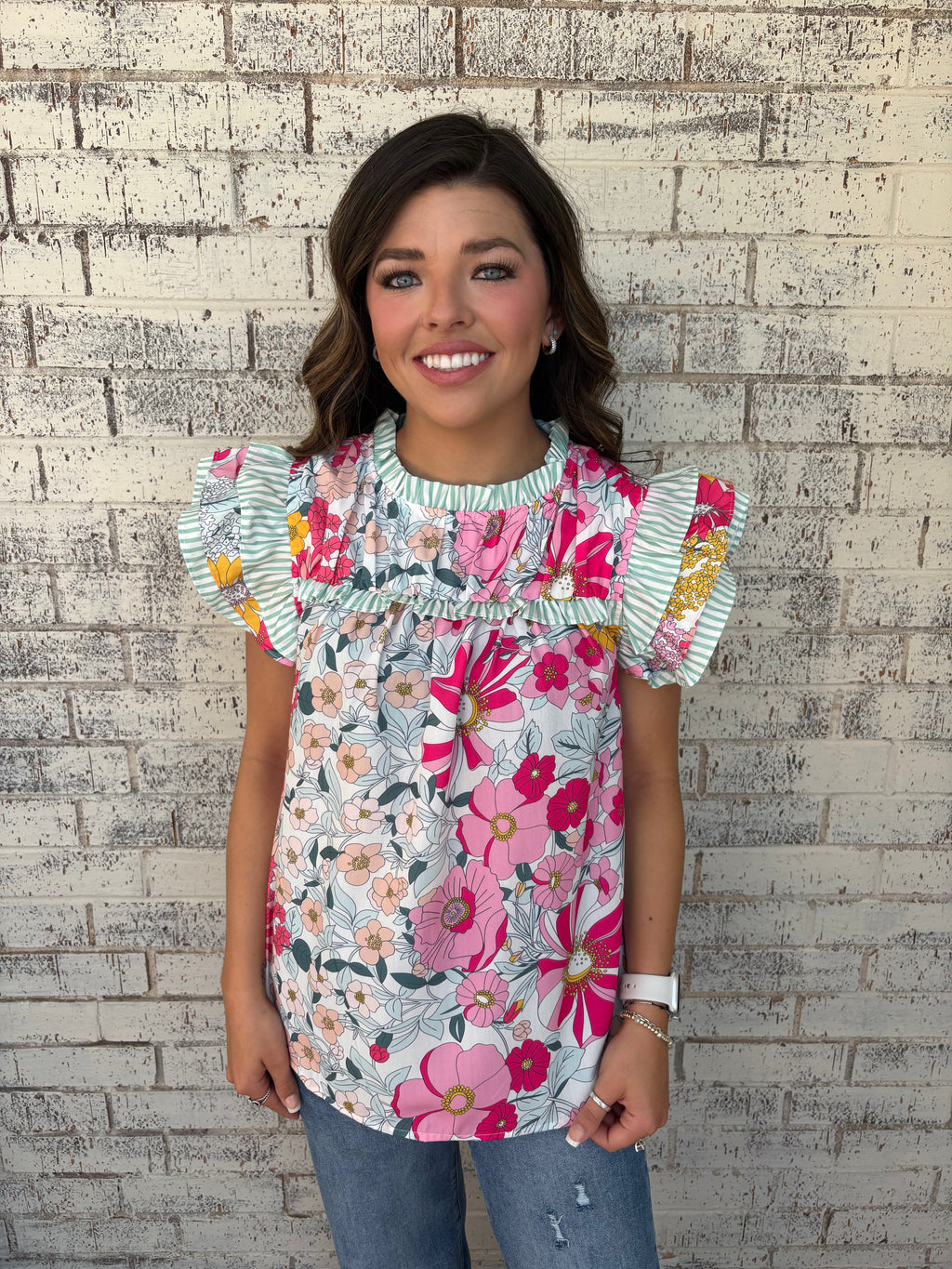 Floral Print Ruffle Trim Pleated Boho Blouse*