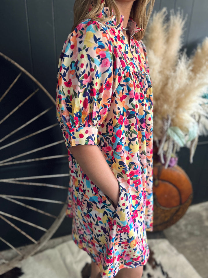 Floral Puff Short Sleeve V Neck Mini Dress