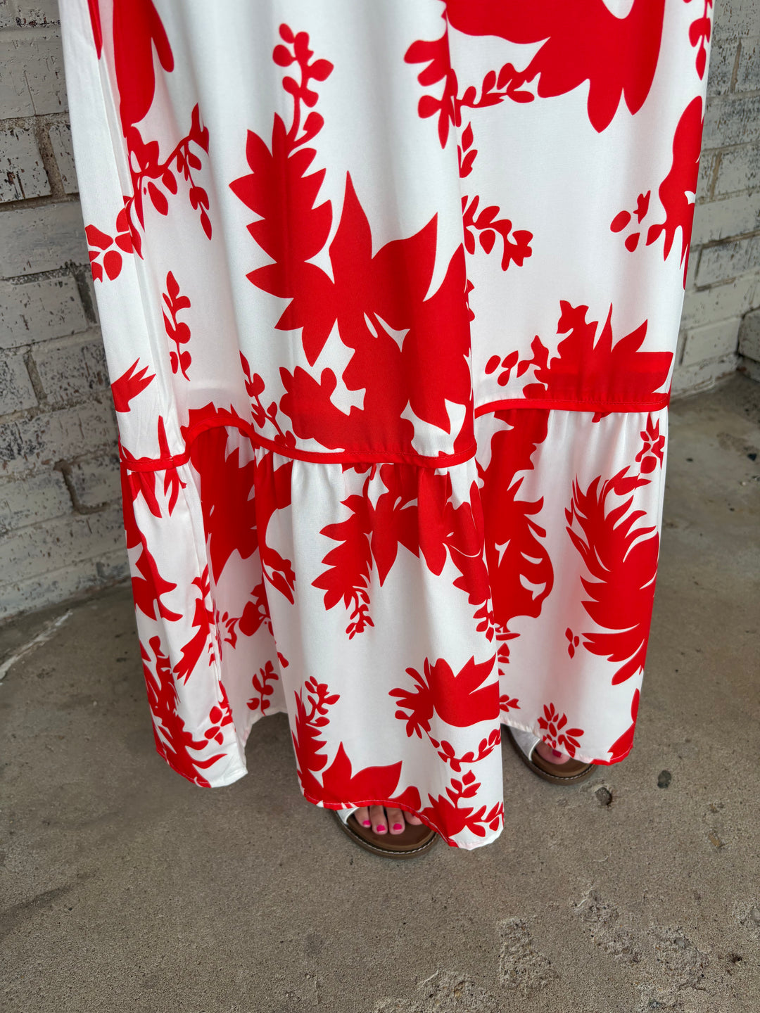 Floral Trimmed V-Neck Ruffle Sleeve Long Dress*