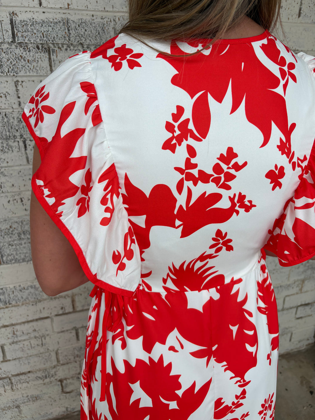 Floral Trimmed V-Neck Ruffle Sleeve Long Dress*