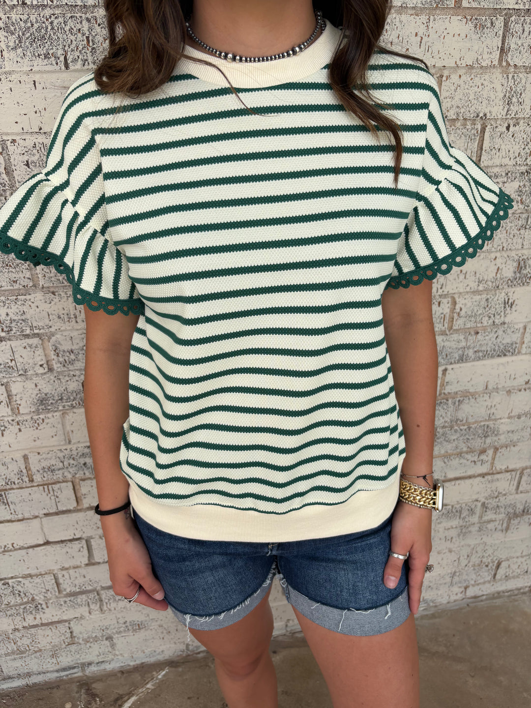 Green Stripe Scallop Lace Trim Ruffle Crewneck Top