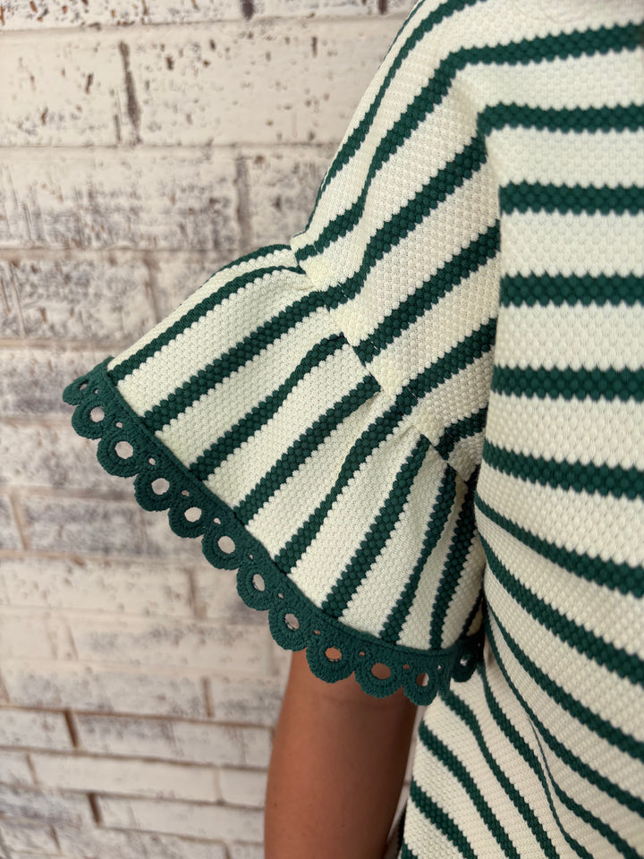 Green Stripe Scallop Lace Trim Ruffle Crewneck Top