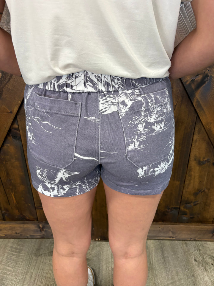 Grey Wild West Retro Denim Shorts