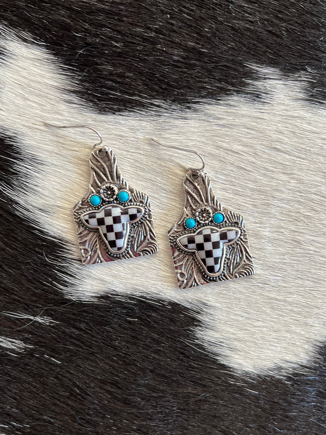 Checkered Cow Tooled Tag Earrings
