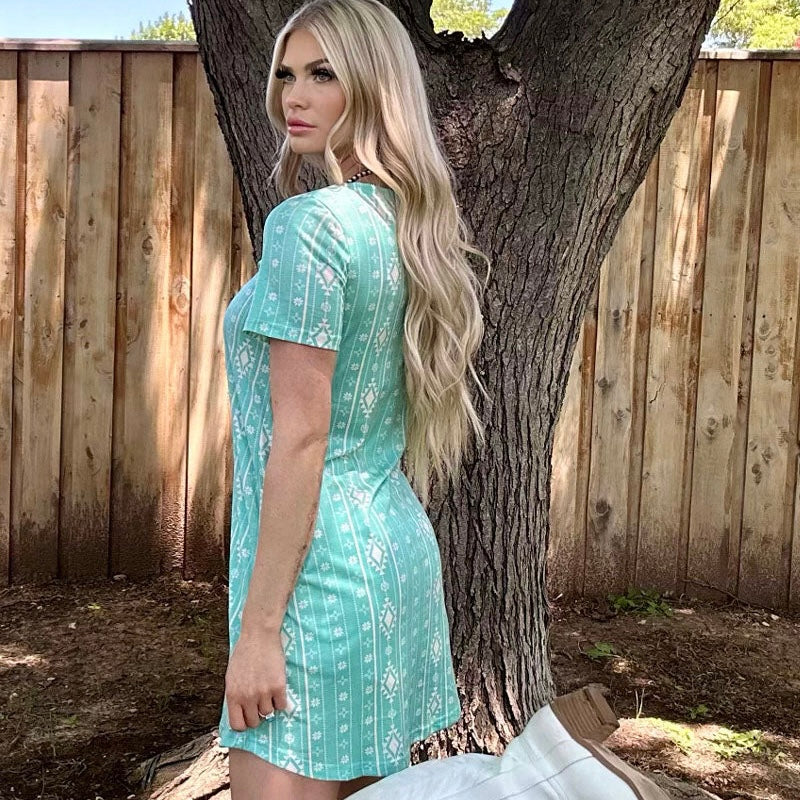 Make a statement with this unique PLUS  Walking In Turquoise Dress! Show off your trend-setting style with its vibrant turquoise hue and eye-catching white aztec print. Turn heads wherever you go - you'll be the life of the party!  94% polyester 6% spandex 