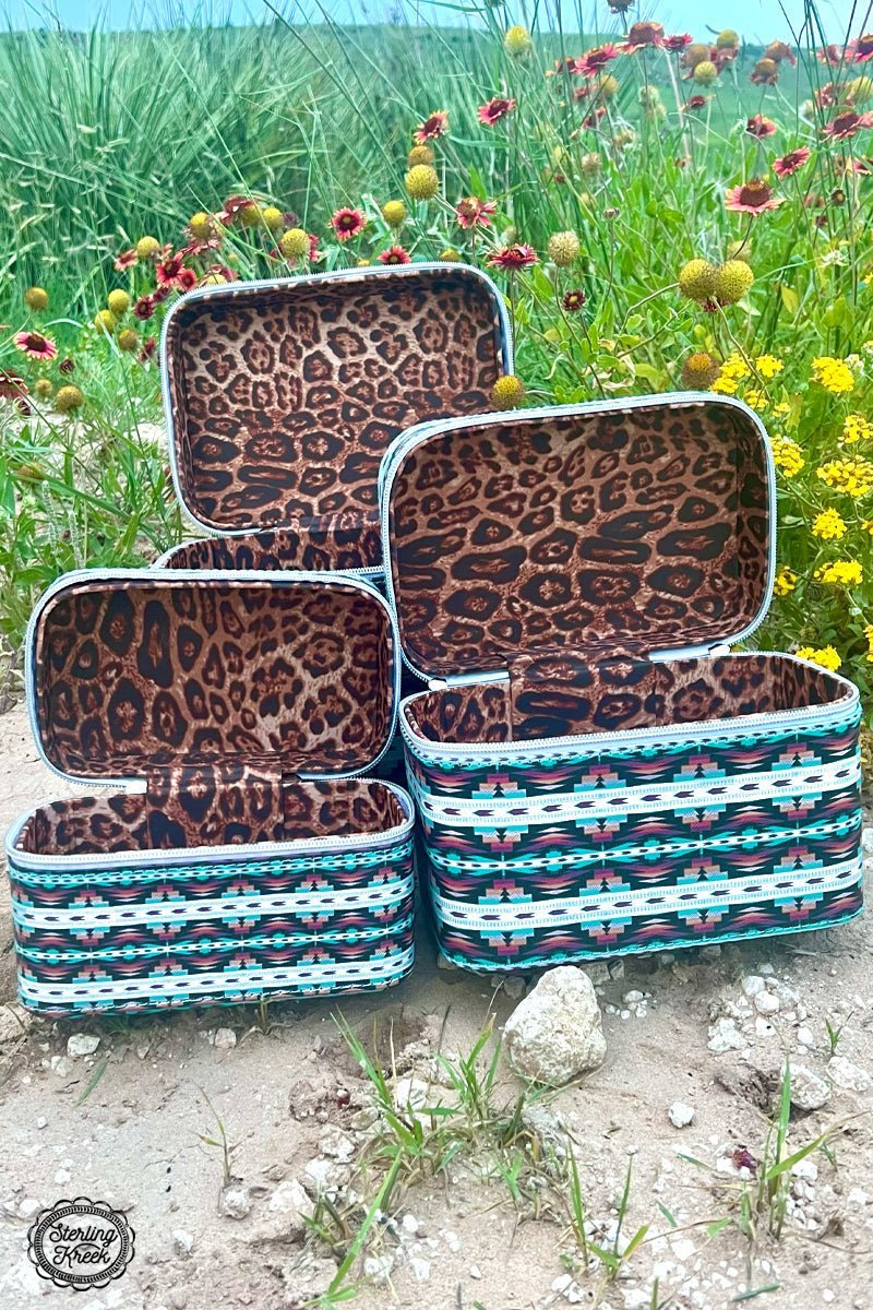 Put some pizzazz in your makeup routine with our Beauty Dust Makeup Box! Featuring two fun, eye-catching prints (cheetah on the inside and Aztec on the outside), you'll get all of your beauty needs taken care of with style. Swipe, blend, sparkle and shine like a cheetah in the night!  Small : L 7.25" X W 4" X H 4"  Medium : L 8.25" X W 5" X H 5"  Large : L 9.25" X W 6" X H 6.75"