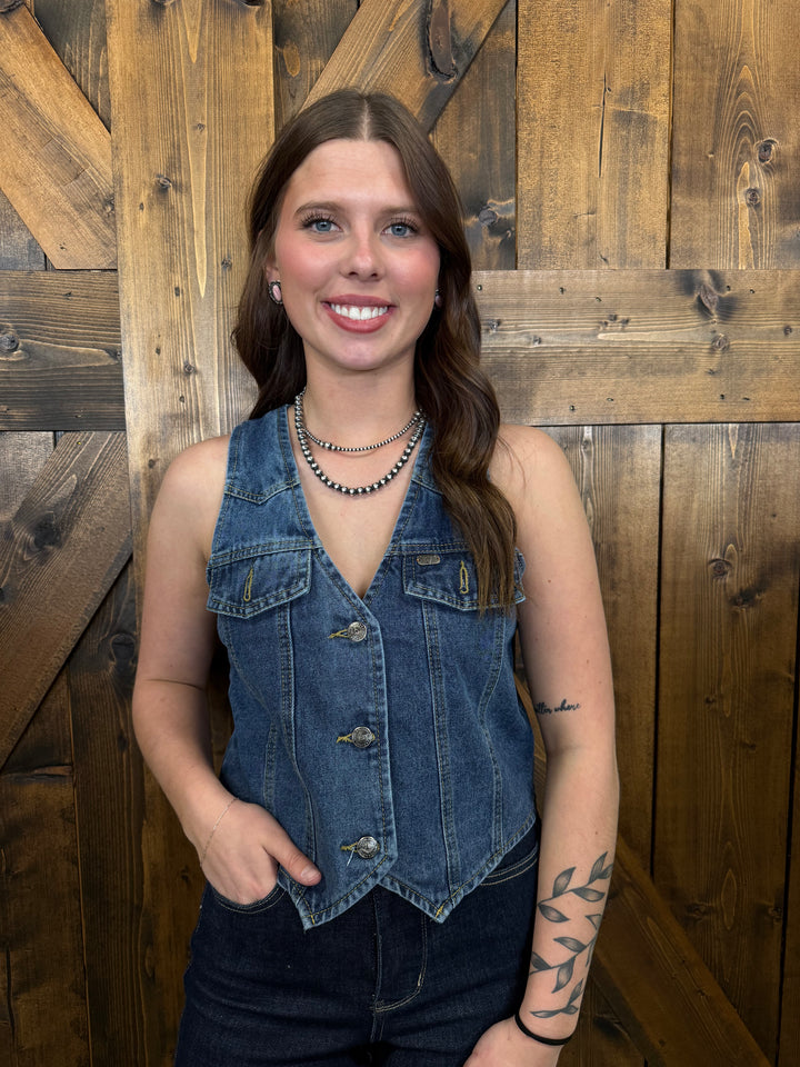 L&B Classic Mid Wash Button Down Denim Vest