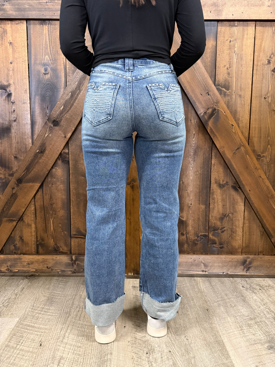 L&B Mid Wash Cuffed High Rise Studded Pocket Jeans