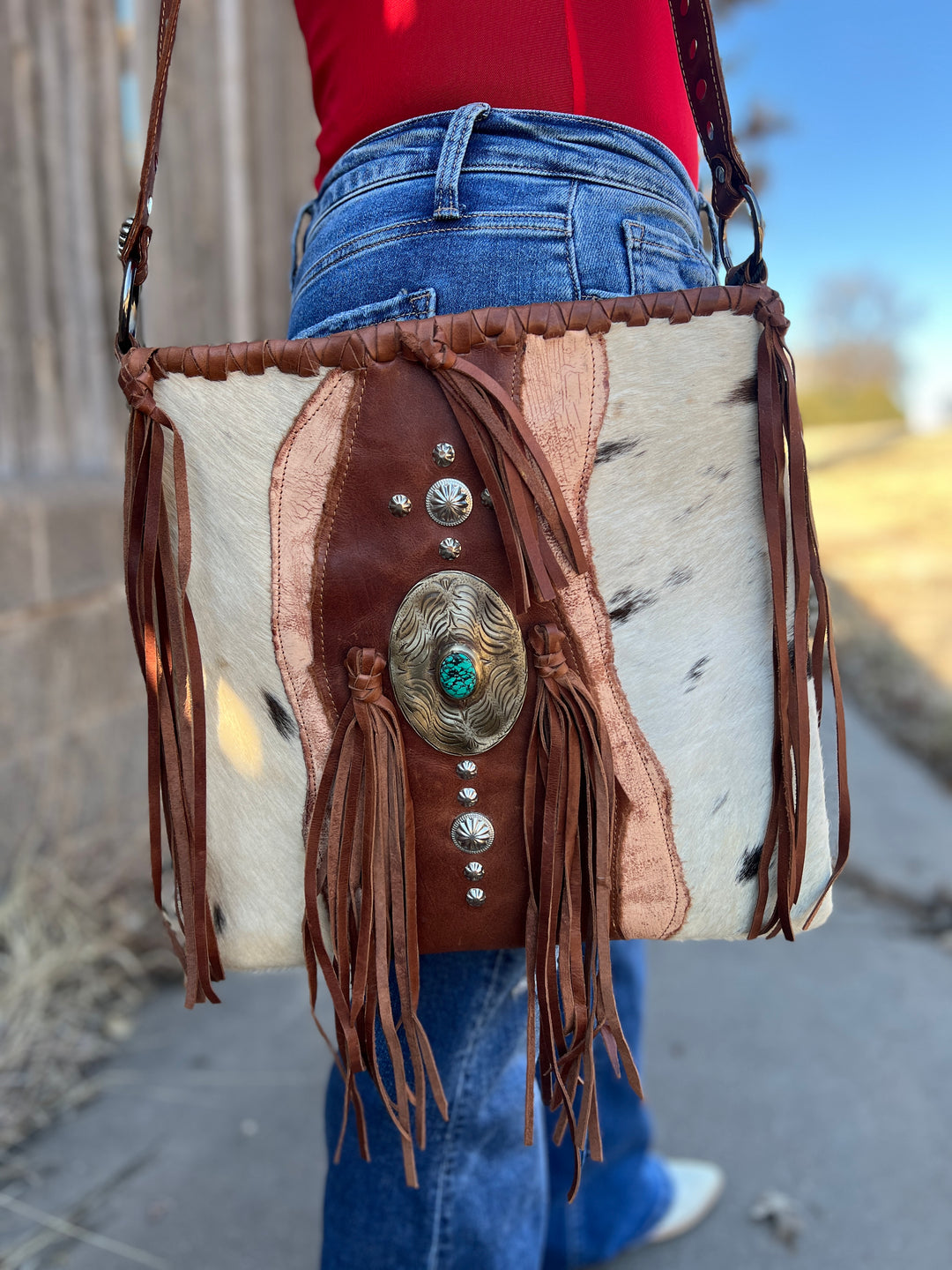 American Darling Raw Leather Hair On Hide Concho Bag